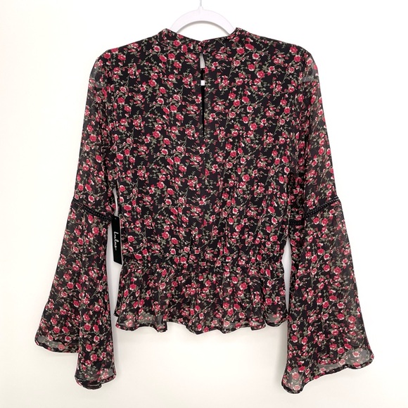 Lulus Boho Blouse Bell Sleeve with Crochet Lace Details Peplum Style High Neck - Picture 10 of 14